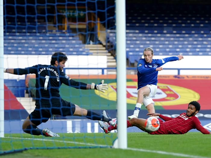 LIVERPOOL, ENGLAND - JUNE 21: Tom Davies of Everton hits the post during the Premier League match between Everton FC and Liverpool FC at Goodison Park on June 21, 2020 in Liverpool, England.